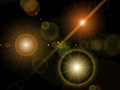 LEFT: Sun the standard sun-produced lens flare, with a bright orange ring and hexagonal spots TOP-RIGHT: Sun2 a striking red-orange lens effect, with a streak that passes through the centre of the image, and subtle ring-shaped spots. For best results this effect should be used with a yellowish source_colour LOWER-RIGHT: Sun3 a brighter, yellower sun flare, with multiple rays and spots