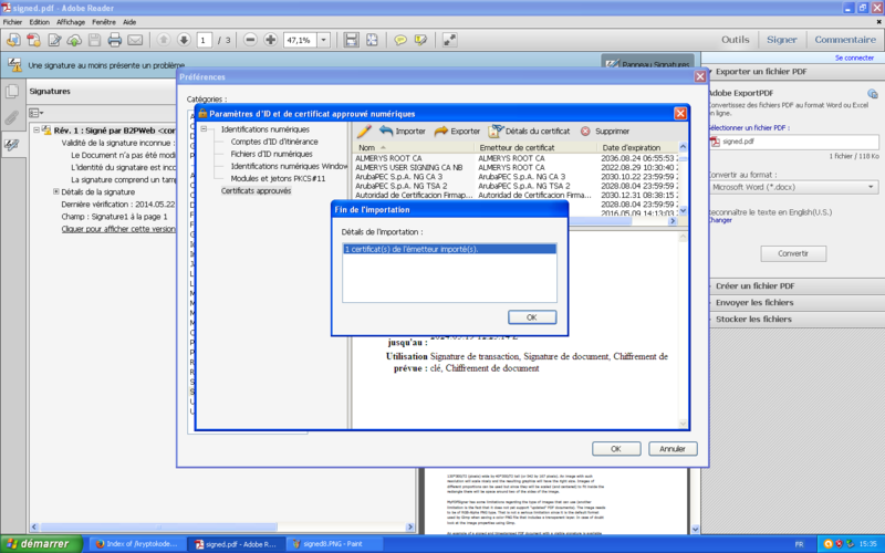 Screenshot de l'import de certificat