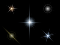 TOP-LEFT: Sparkle a small five-pointed sparkle with a warm glow TOP-RIGHT: Sparkle2 a subtle white sparkle with multiple rays LOWER-LEFT: Candle a warm glow with a diagonal streak LOWER-RIGHT: Star the standard six-pointed star CENTRE: Star2 a star with a bright cross-shaped streak and multiple rays
