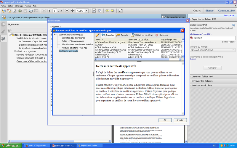 Screenshot de l'import de certificat