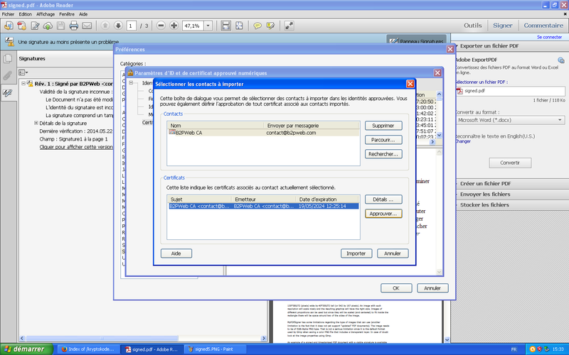 Screenshot de l'import de certificat